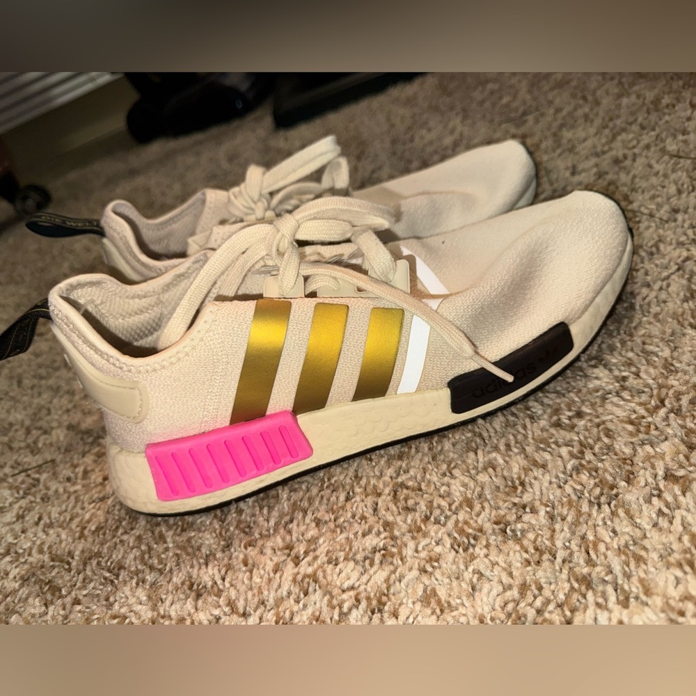 Adidas Beige and Gold Sneakers with Pink Detail
